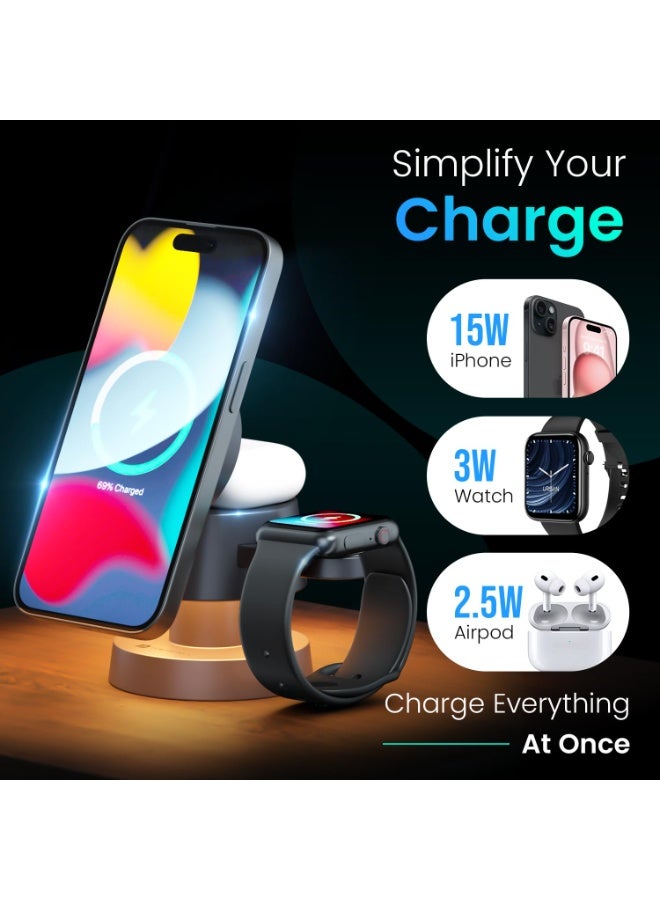 بورترونيكس Portronics 15W TriCharge 4-in-1 Fast Charging Wireless Charger for iPhone with Night Lamp, Wireless Charging for Airpods & Apple Watch, MagSafe Compatible, for iPhone 16/15/14/13, Pro,Pro Max (Grey) - Image 4